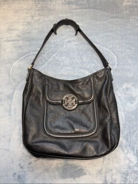 Tory Burch Black Leather Shoulder Hobo Bag with Signature Medallion